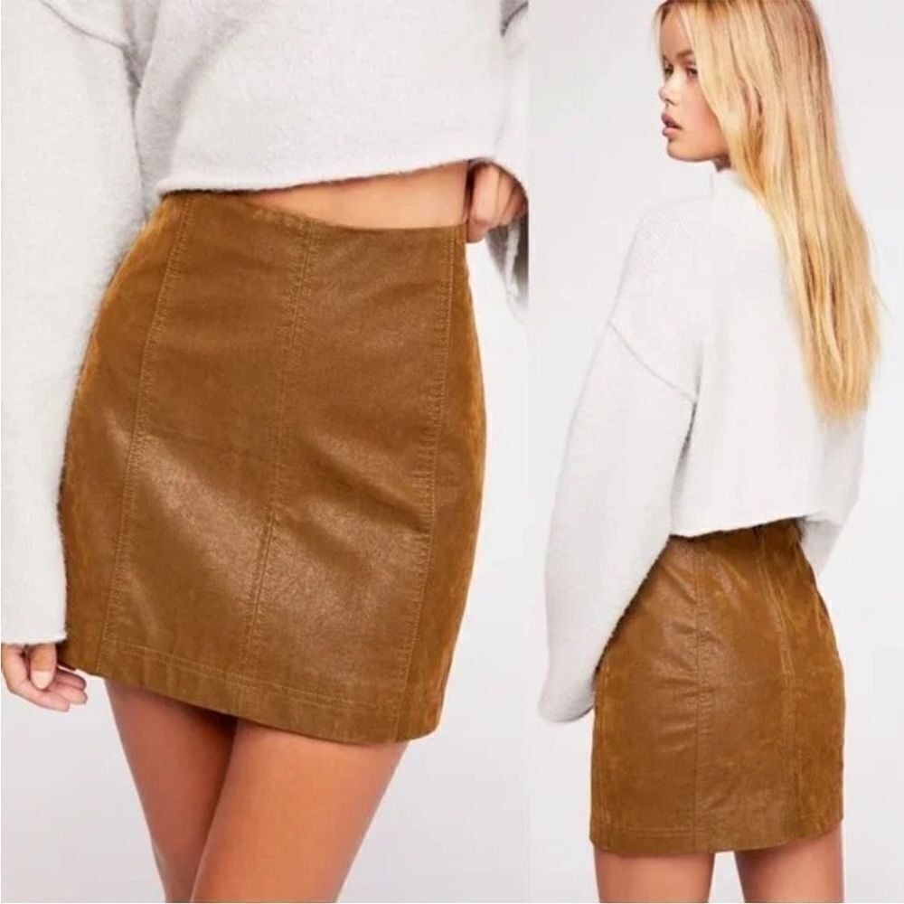Free People Modern Femme Vegan Faux Leather Mini Skirt Camel Moroccan- 6 ($128)